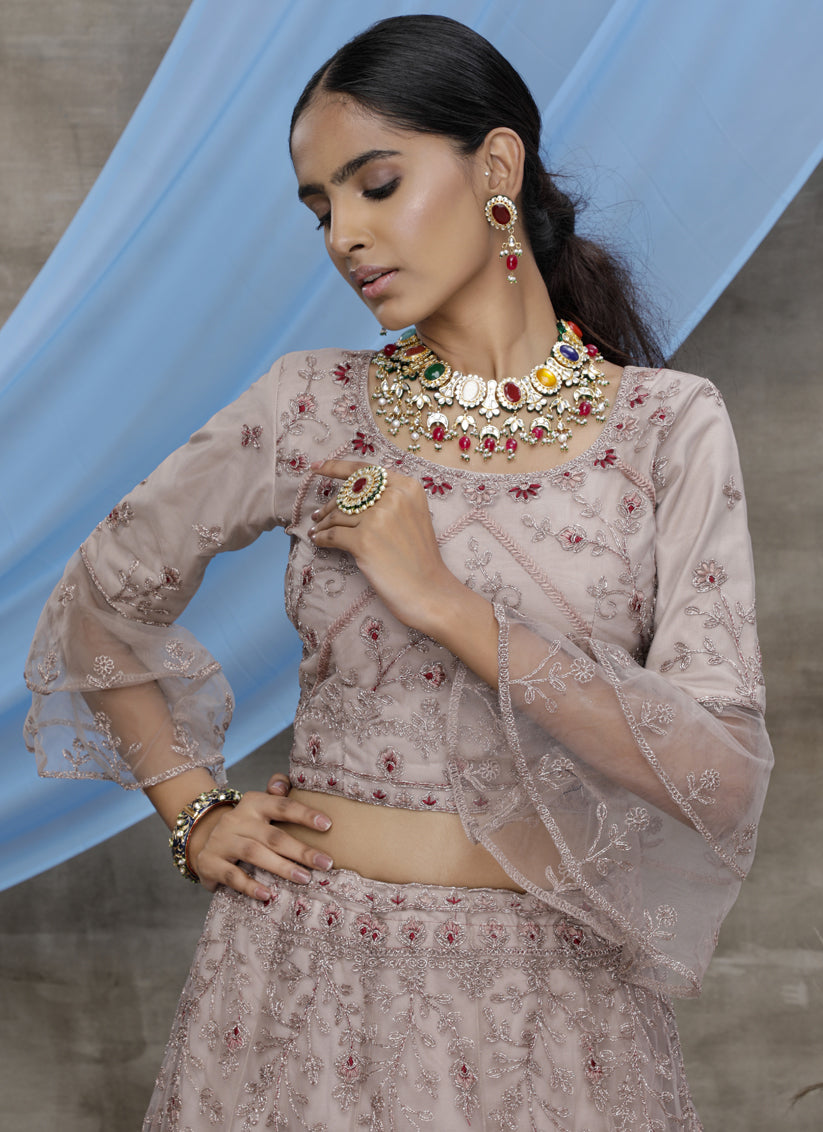 Dusty Lavender Net Embroidered Designer Lehenga Choli