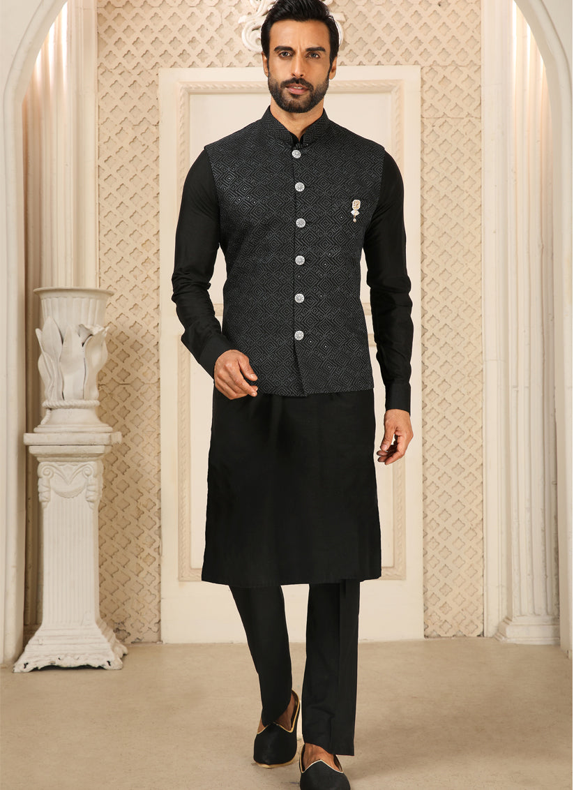 Black Art Banarasi Silk Embroidered Mens Kurta Pyjama Set with Jacket