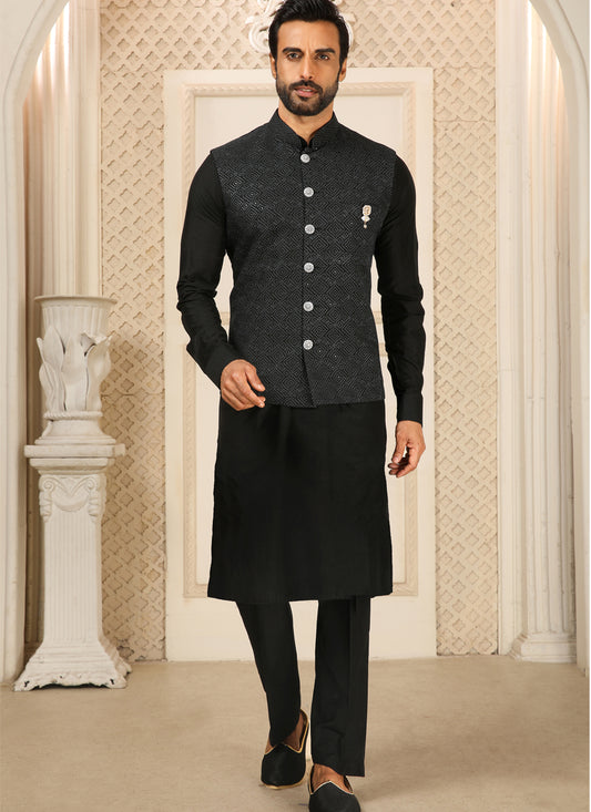 Black Art Banarasi Silk Embroidered Mens Kurta Pyjama Set with Jacket