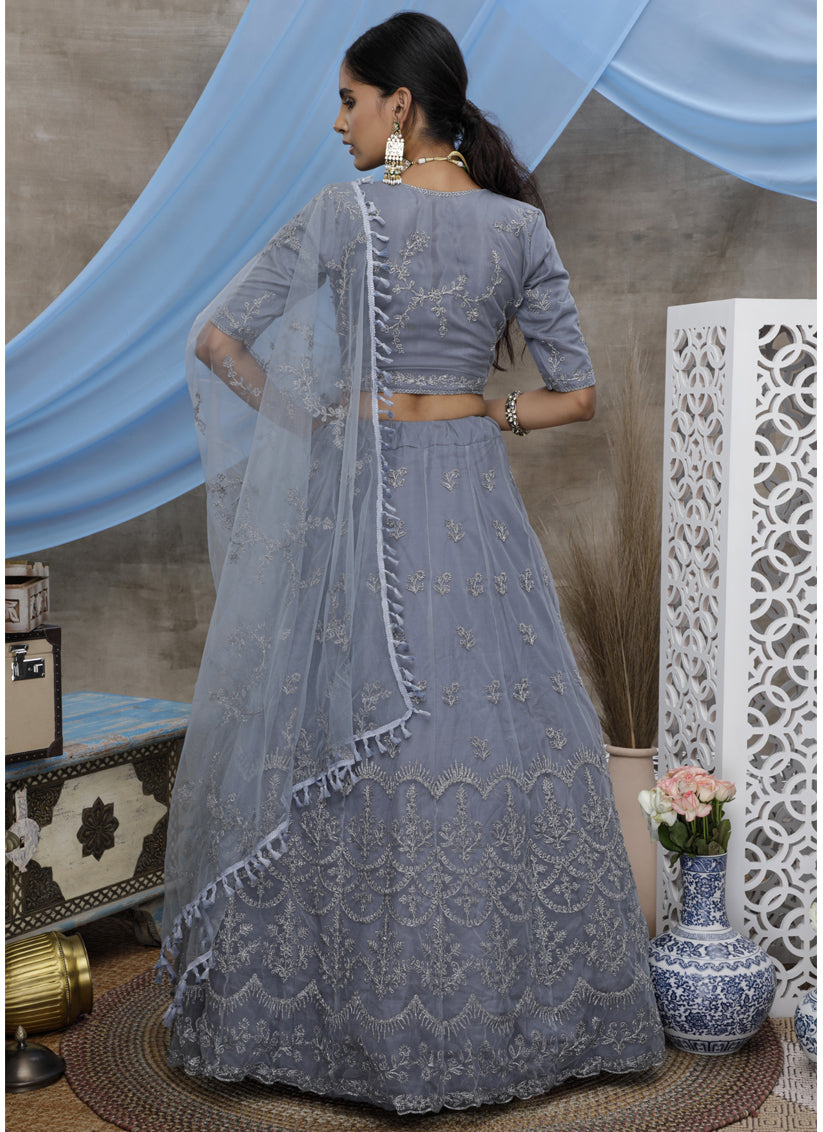 Stone Grey Net Embroidered Designer Lehenga Choli