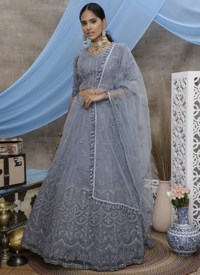 Stone Grey Net Embroidered Designer Lehenga Choli