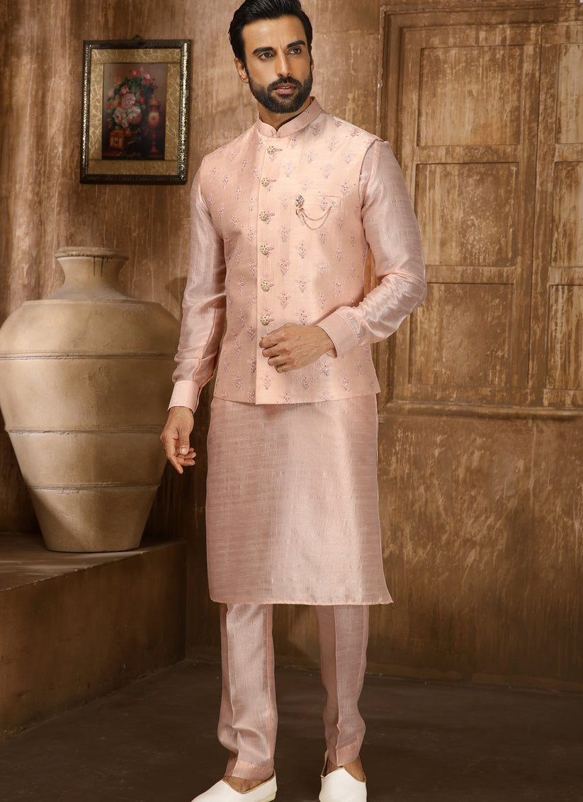 Peach Art Banarasi Silk Embroidered Mens Kurta Pyjama Set with Jacket