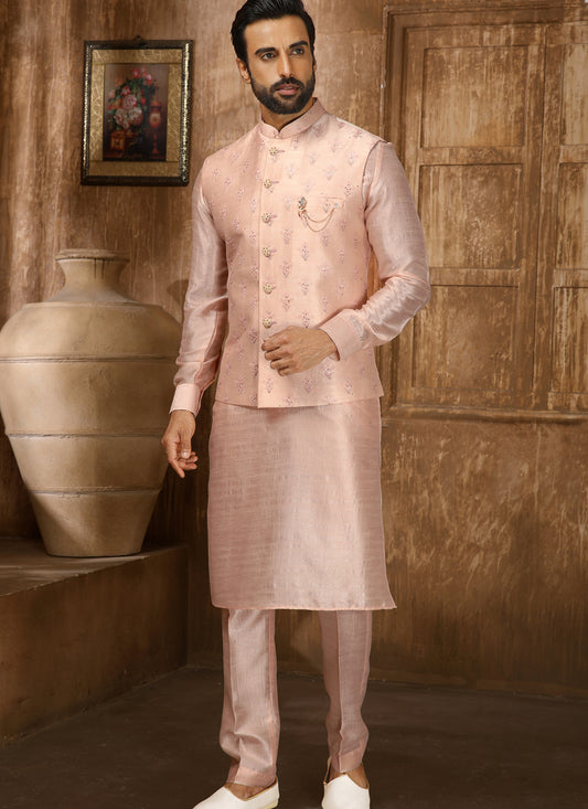 Peach Art Banarasi Silk Embroidered Mens Kurta Pyjama Set with Jacket