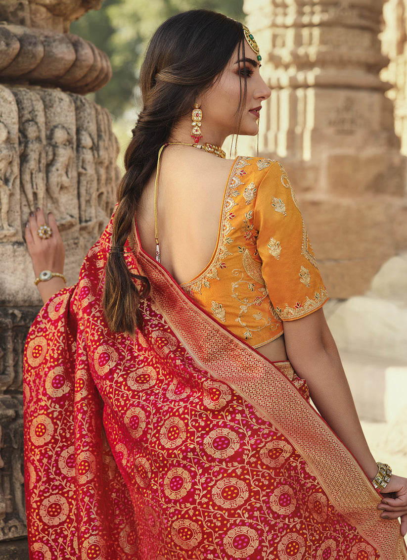 Hot Red Silk Weaving Saree with Embroidered Blouse