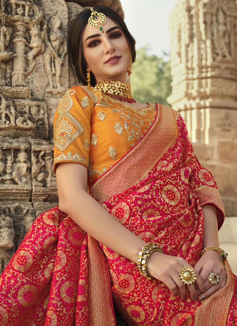 Hot Red Silk Weaving Saree with Embroidered Blouse