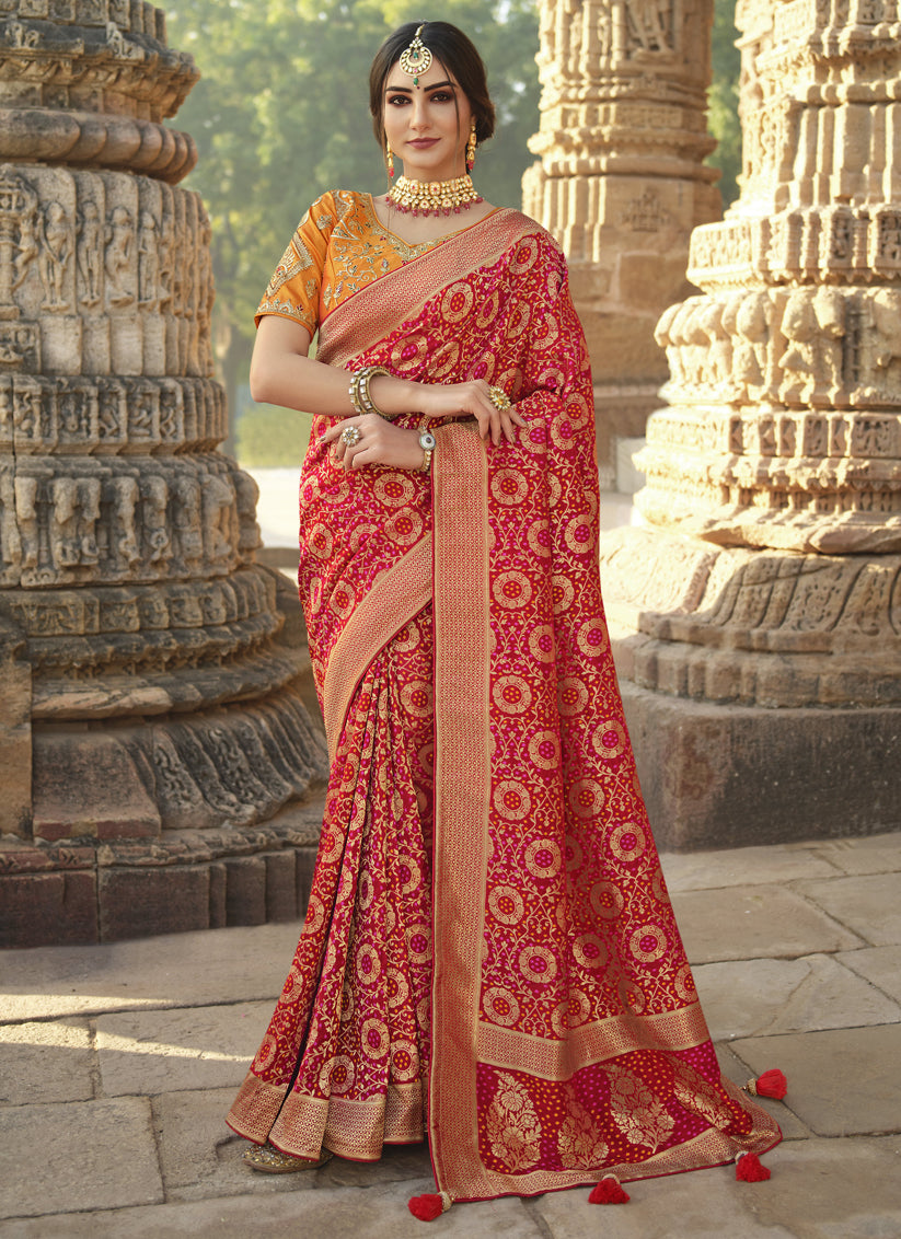 Hot Red Silk Weaving Saree with Embroidered Blouse