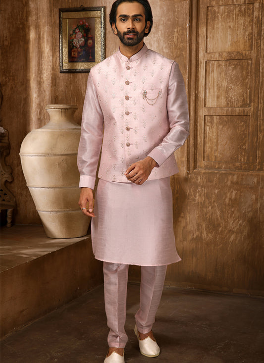 Pink Art Banarasi Silk Embroidered Mens Kurta Pyjama Set with Jacket