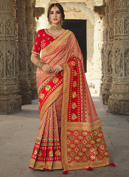 Peach and Hot Red Silk Weaving Saree with Embroidered Blouse