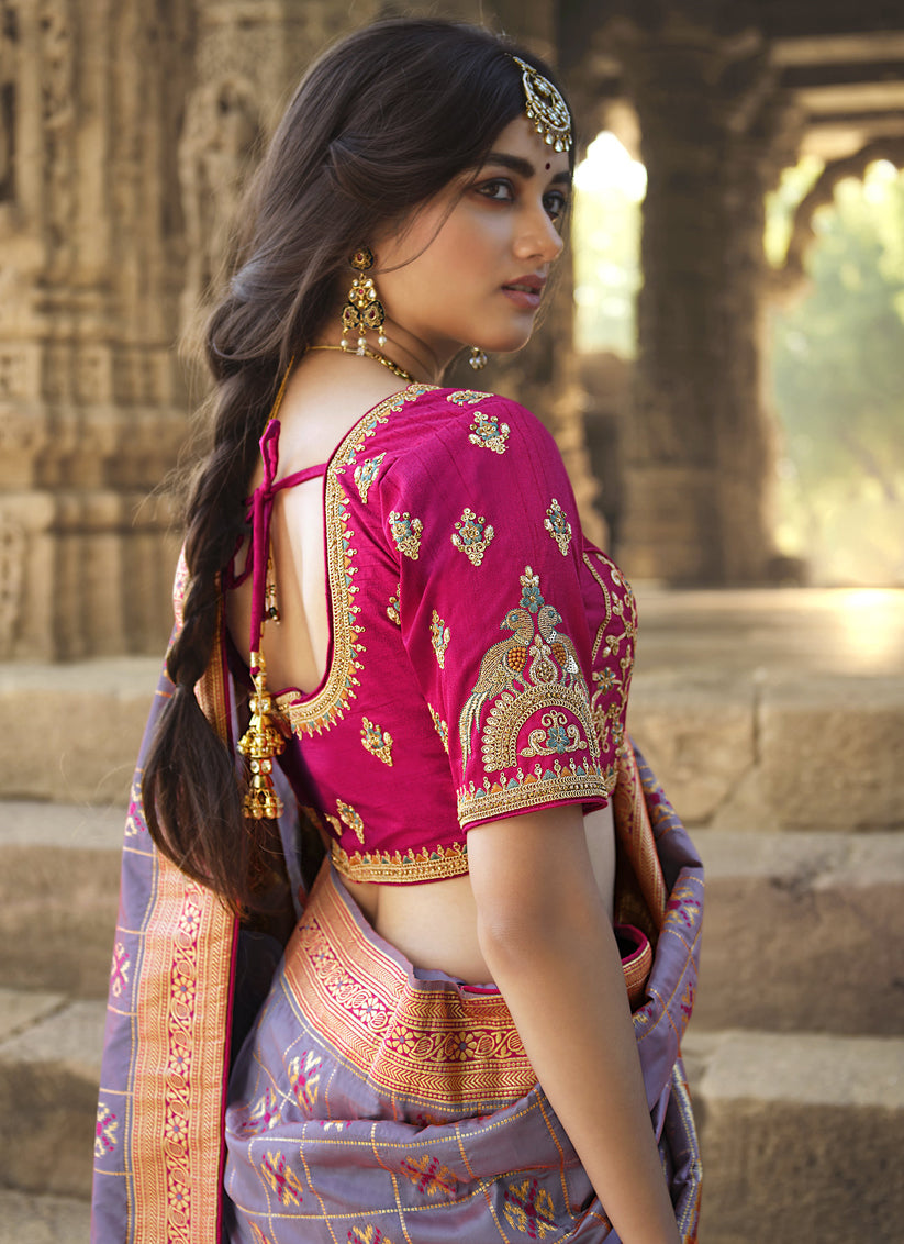 Violet and Rani Pink Silk Weaving Saree with Embroidered Blouse