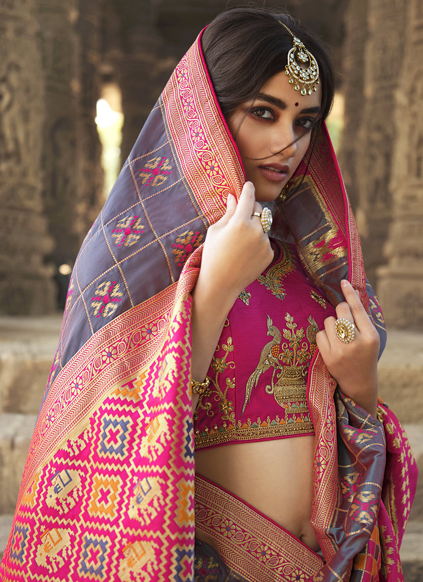 Violet and Rani Pink Silk Weaving Saree with Embroidered Blouse