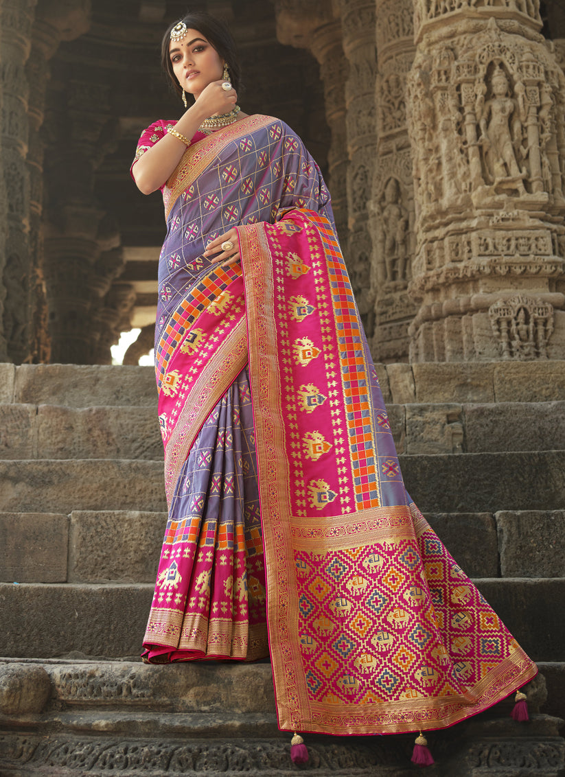 Violet and Rani Pink Silk Weaving Saree with Embroidered Blouse