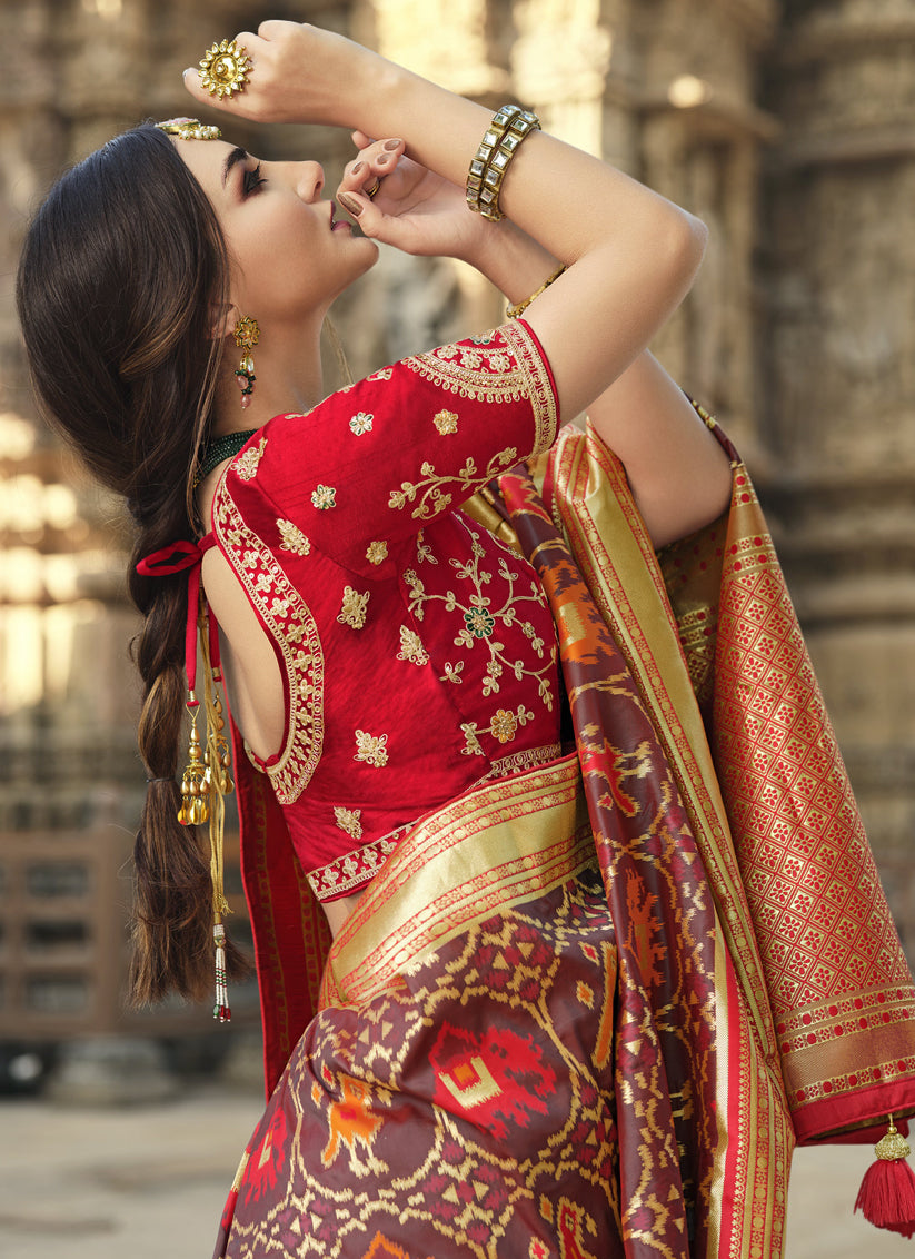 Burgundy Silk Weaving Saree with Embroidered Blouse