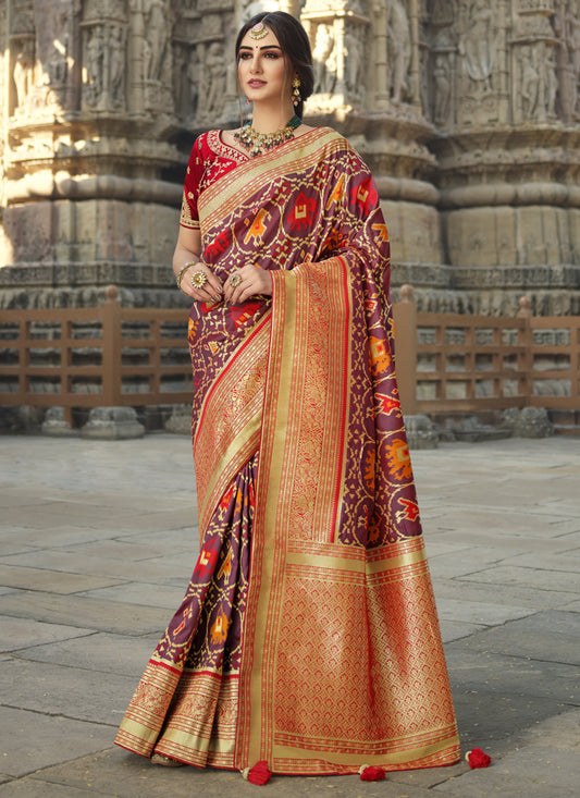 Burgundy Silk Weaving Saree with Embroidered Blouse