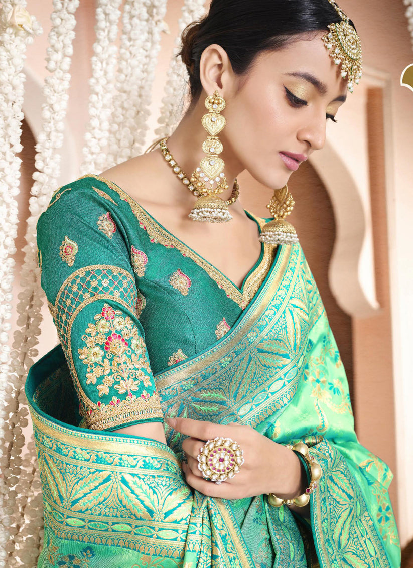 Sea Green Silk Weaving Saree with Embroidered Blouse