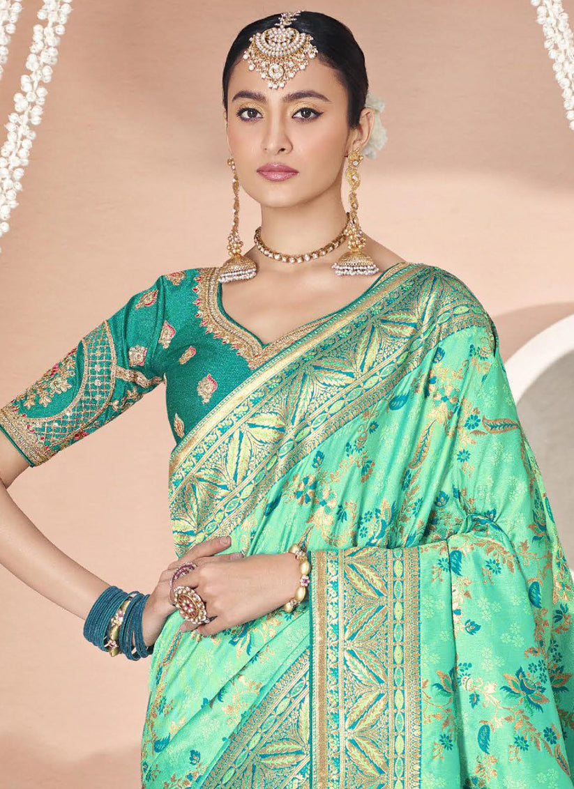 Sea Green Silk Weaving Saree with Embroidered Blouse