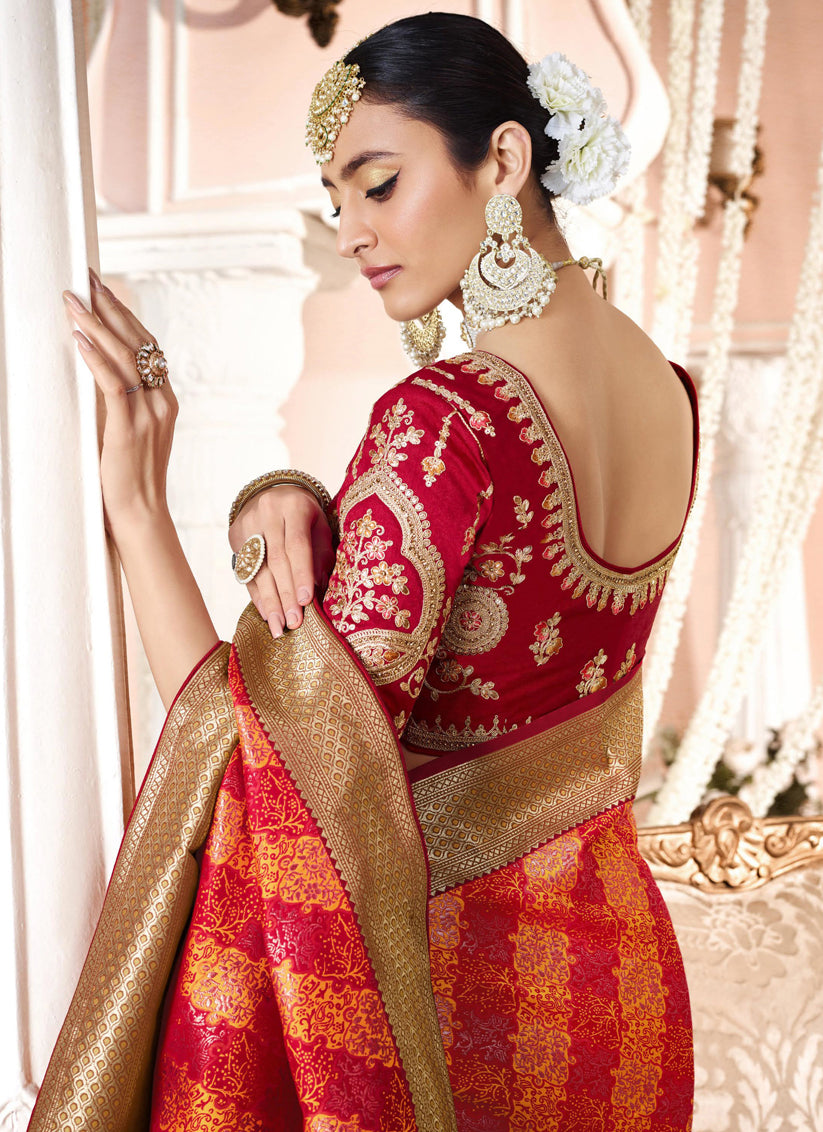 Hot Red and Yellow Silk Weaving Saree with Embroidered Blouse