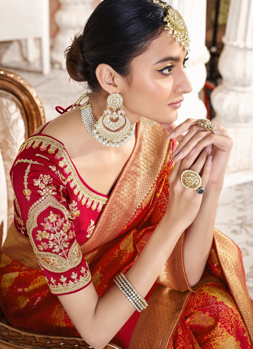 Hot Red and Yellow Silk Weaving Saree with Embroidered Blouse