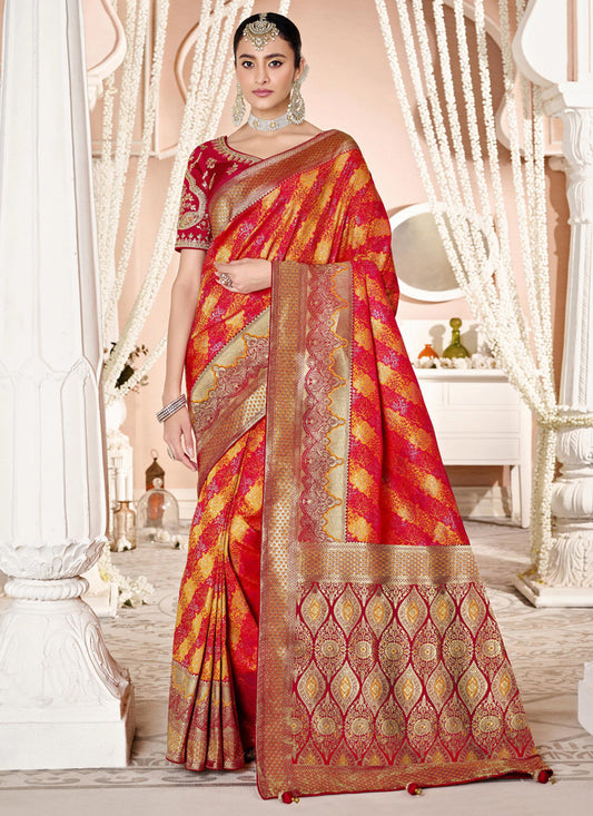 Hot Red and Yellow Silk Weaving Saree with Embroidered Blouse