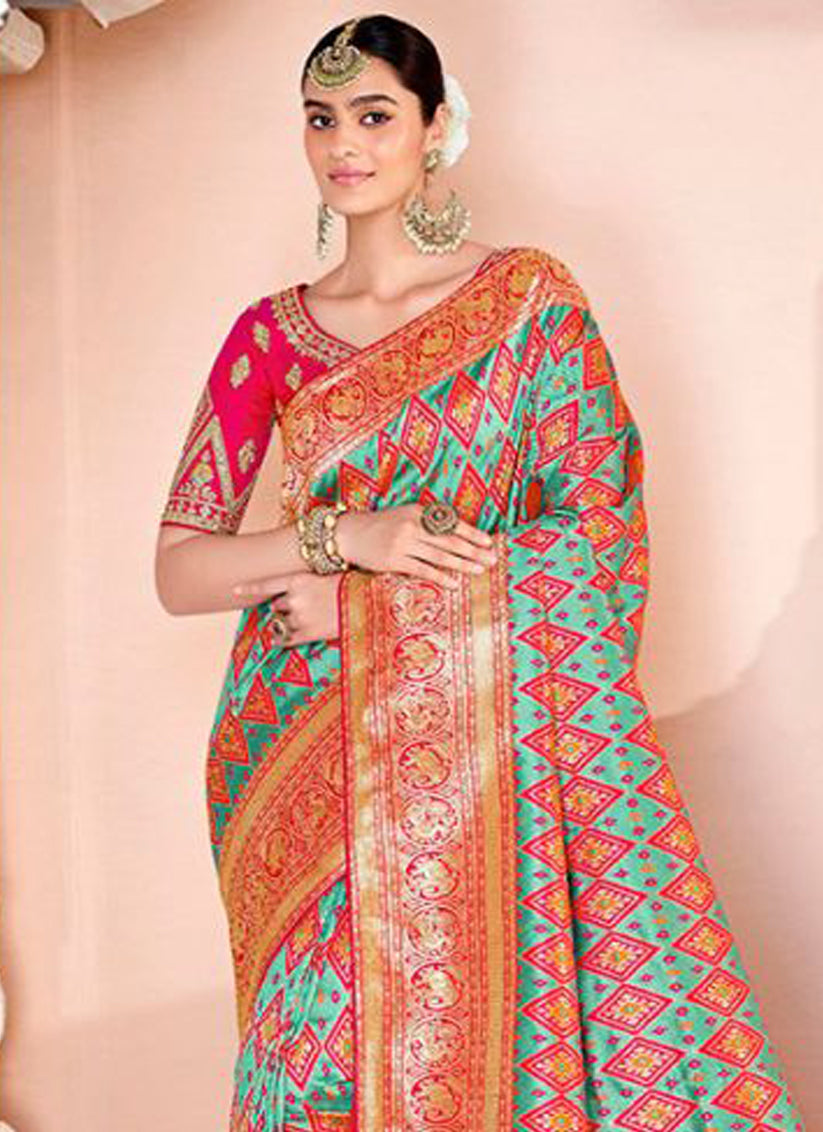 Turquoise Silk Weaving Saree with Embroidered Blouse