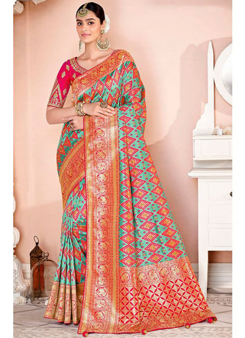 Turquoise Silk Weaving Saree with Embroidered Blouse