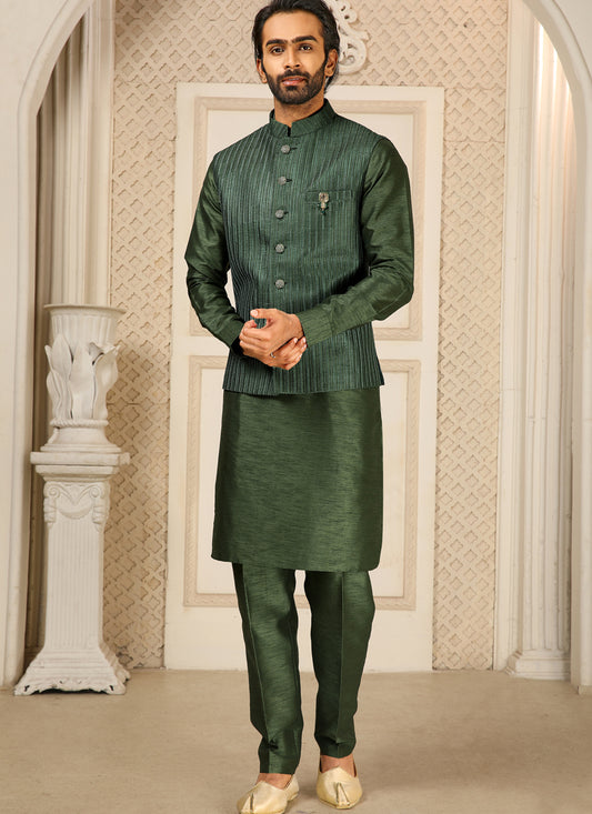 Green Art Banarasi Silk Embroidered Mens Kurta Pyjama Set with Jacket