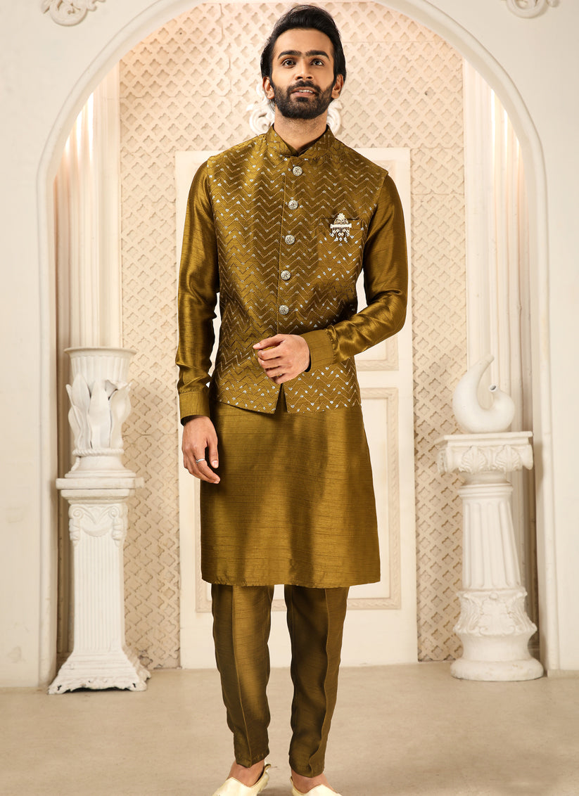 Bronze Art Banarasi Silk Embroidered Mens Kurta Pyjama Set with Jacket