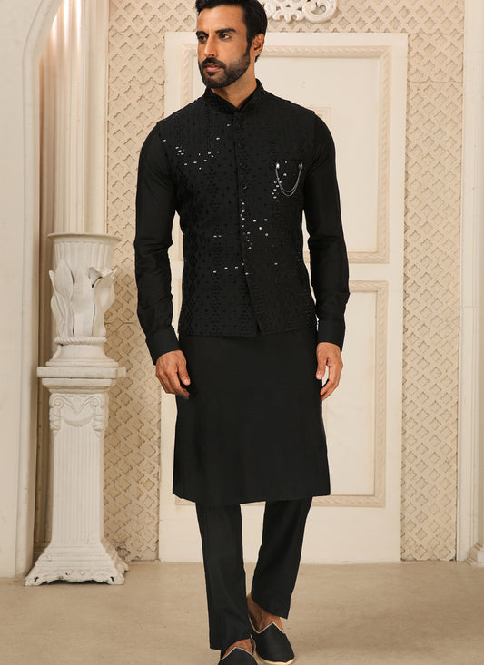 Black Art Banarasi Silk Embroidered Mens Kurta Pyjama Set with Jacket