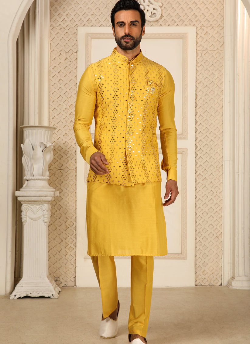 Yellow Art Banarasi Silk Embroidered Mens Kurta Pyjama Set with Jacket