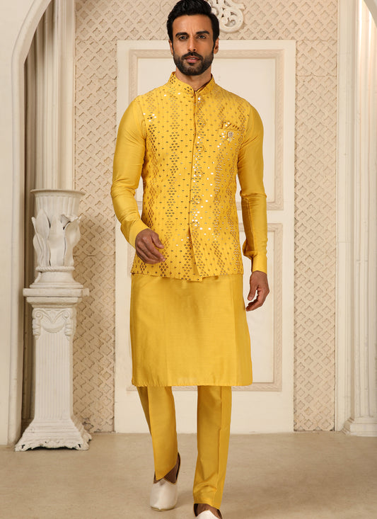 Yellow Art Banarasi Silk Embroidered Mens Kurta Pyjama Set with Jacket