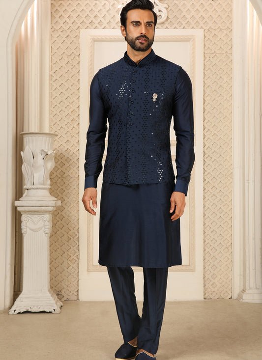 Navy Blue Art Banarasi Silk Embroidered Mens Kurta Pyjama Set with Jacket