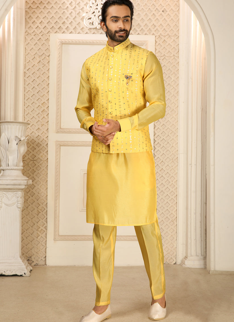 Yellow Art Banarasi Silk Embroidered Mens Kurta Pyjama Set with Jacket