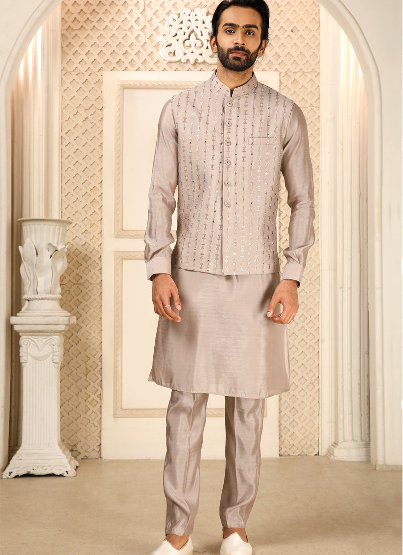 Taupe Art Banarasi Silk Embroidered Mens Kurta Pyjama Set with Jacket