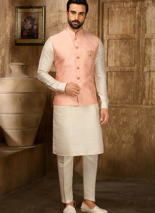 Cream Art Banarasi Silk Embroidered Mens Kurta Pyjama Set with Jacket