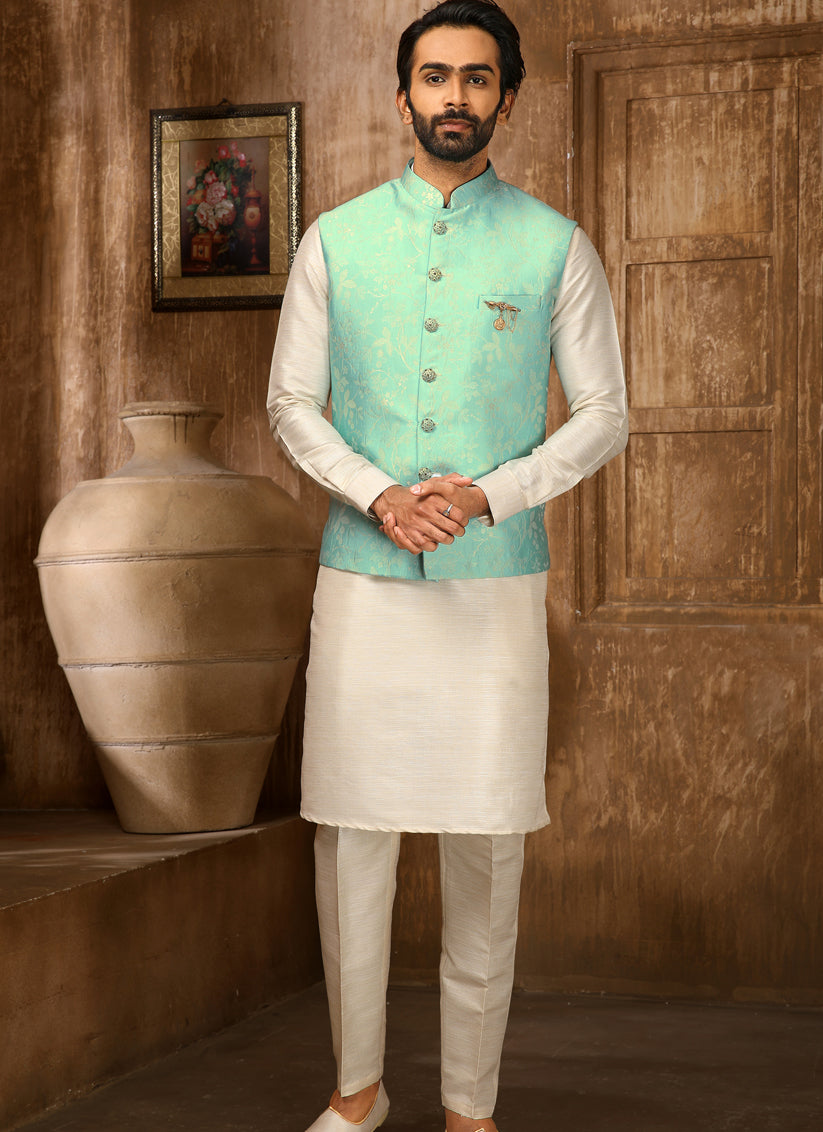 Cream Art Banarasi Silk Embroidered Mens Kurta Pyjama Set with Jacket