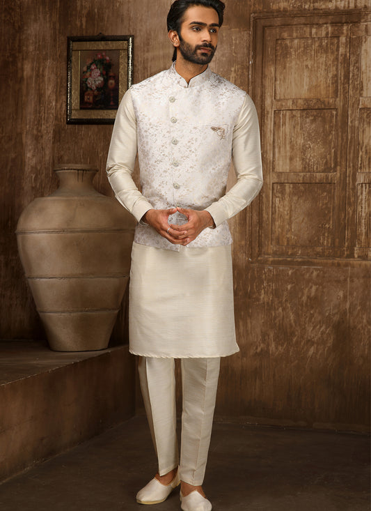 Cream Art Banarasi Silk Embroidered Mens Kurta Pyjama Set with Jacket