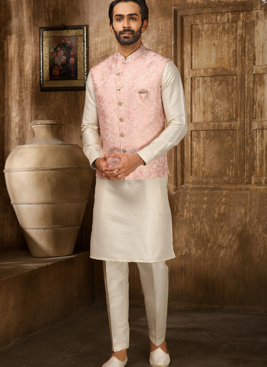 Cream Art Banarasi Silk Embroidered Mens Kurta Pyjama Set with Jacket