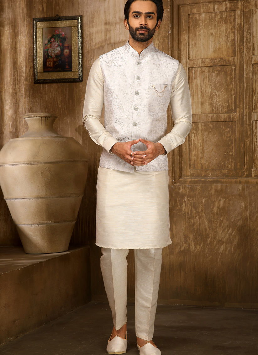 Cream Art Banarasi Silk Embroidered Mens Kurta Pyjama Set with Jacket