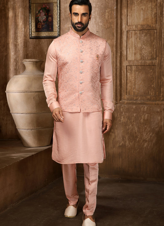 Peach Art Banarasi Silk Embroidered Mens Kurta Pyjama Set with Jacket