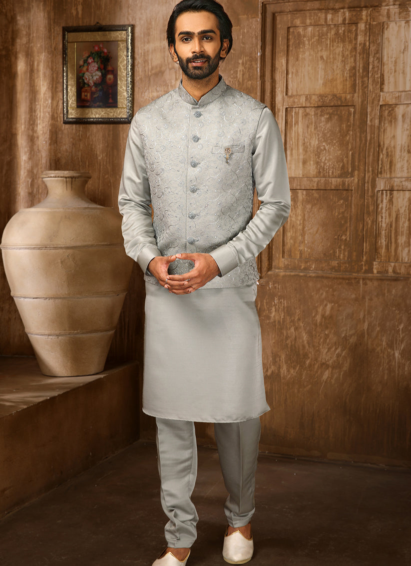 Grey Art Banarasi Silk Embroidered Mens Kurta Pyjama Set with Jacket