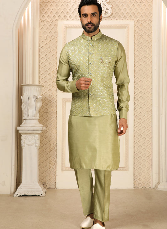 Green Art Banarasi Silk Embroidered Mens Kurta Pyjama Set with Jacket