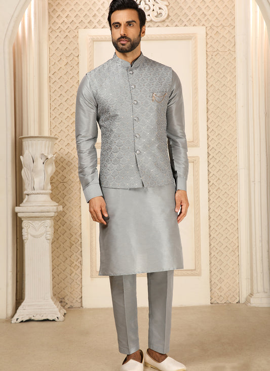 Grey Art Banarasi Silk Embroidered Mens Kurta Pyjama Set with Jacket