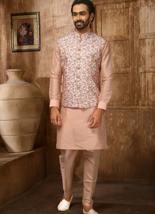 Peach Art Banarasi Silk Embroidered Mens Kurta Pyjama Set with Jacket