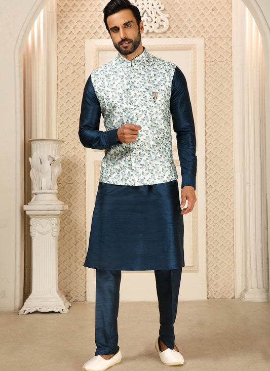 Blue Art Banarasi Silk Embroidered Mens Kurta Pyjama Set with Jacket