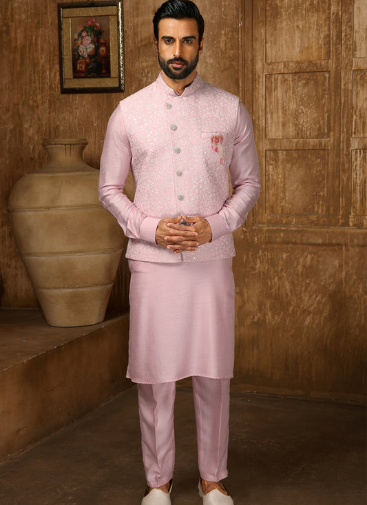 Pink Art Banarasi Silk Embroidered Mens Kurta Pyjama Set with Jacket