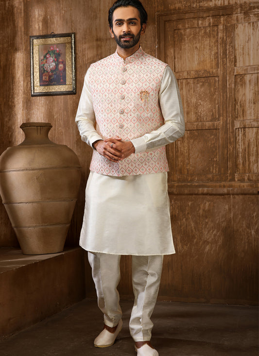 Cream Art Banarasi Silk Embroidered Mens Kurta Pyjama Set with Jacket