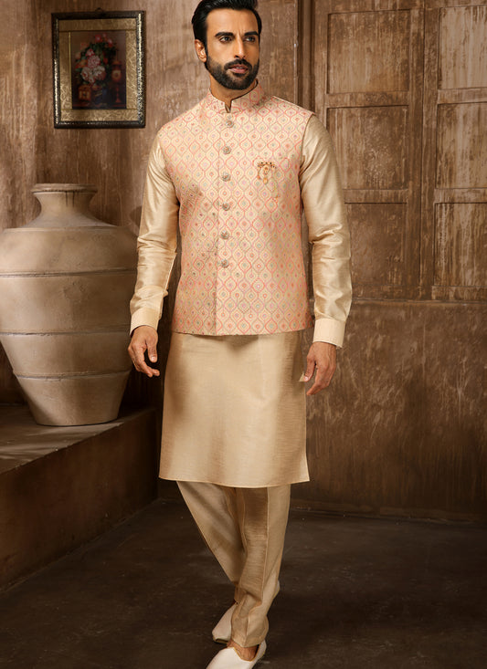 Beige Art Banarasi Silk Embroidered Mens Kurta Pyjama Set with Jacket