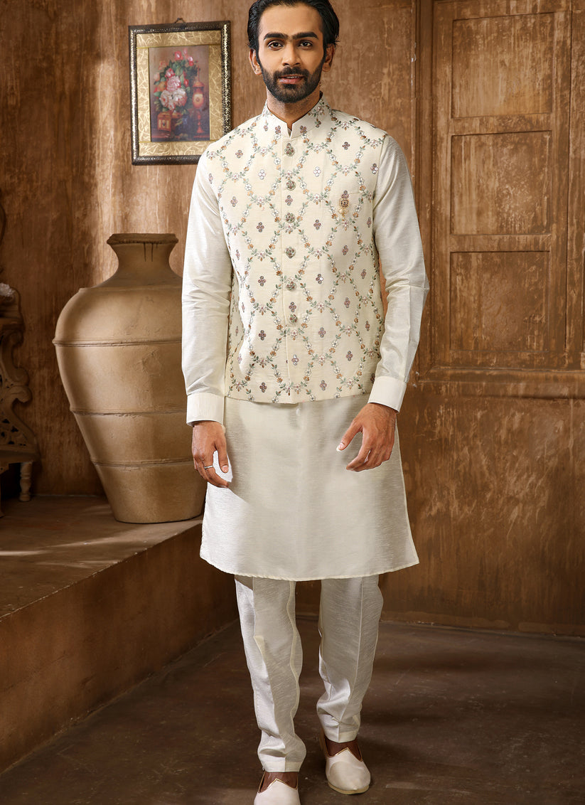 Cream Art Banarasi Silk Embroidered Mens Kurta Pyjama Set with Jacket