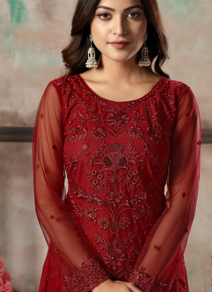 Red Net Embroidered Designer Pant Kameez