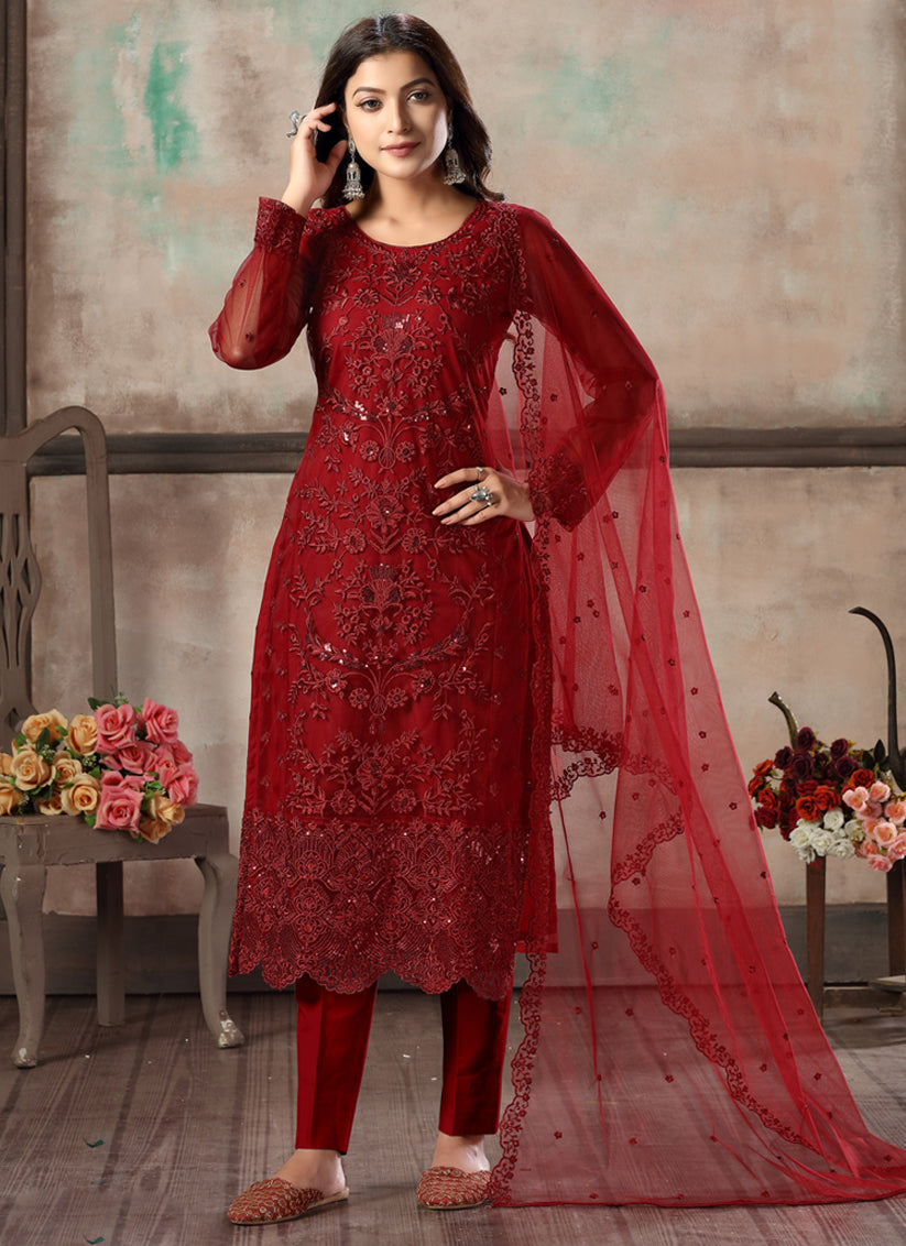 Red Net Embroidered Designer Pant Kameez