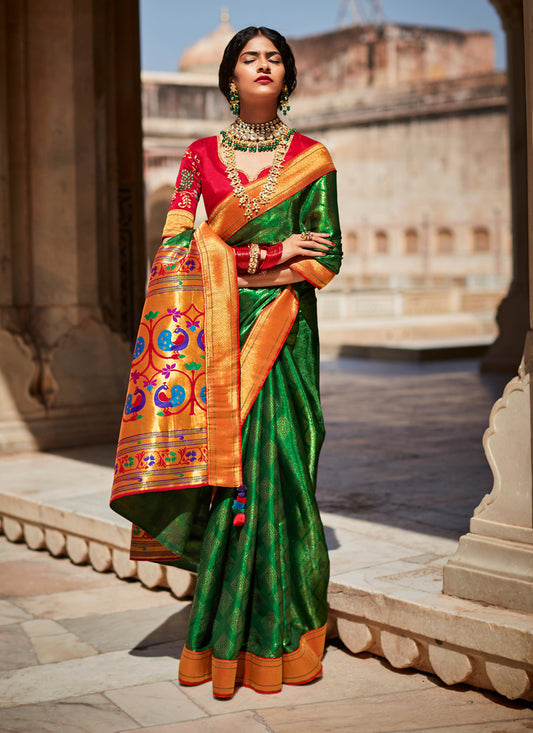 Forest Green Silk Weaving Saree With Embroidered Blouse